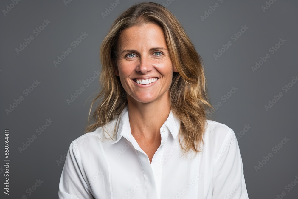 A woman with long brown hair is smiling and wearing a white shirt A woman with long brown hair is smiling and wearing a white shirt