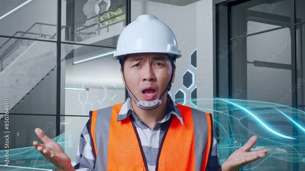 Close Up Of Wondering Asian Male Engineer With Safety Helmet Saying Why Working Doubtfully With Concept of Electric Vehicle, High-tech Industrial Facility Close Up Of Wondering Asian Male Engineer With Safety Helmet Saying Why Working Doubtfully With Concept of Electric Vehicle, High-tech Industrial Facility