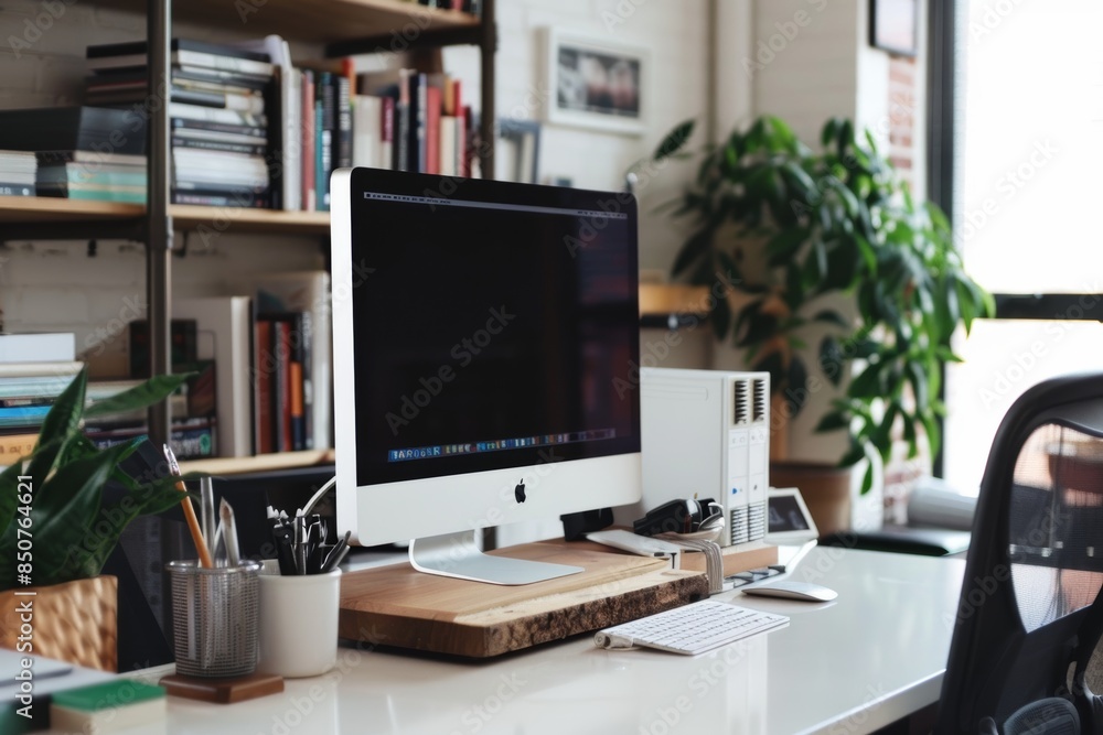 A modern and minimalist office workspace with a white iMac computer, a wooden desk, and a leafy plant. A modern and minimalist office workspace with a white iMac computer, a wooden desk, and a leafy plant.