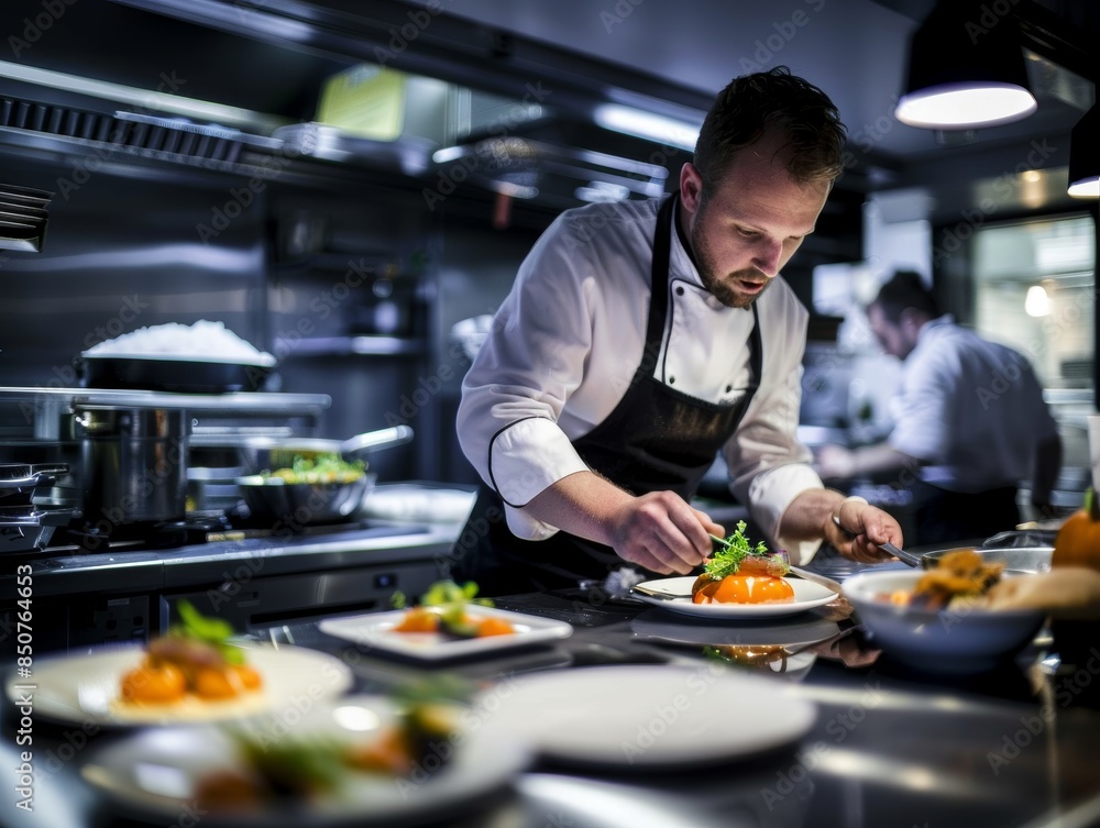 A professional chef meticulously plating a gourmet dish in a modern restaurant kitchen, showcasing culinary expertise and artistry. A professional chef meticulously plating a gourmet dish in a modern restaurant kitchen, showcasing culinary expertise and artistry.