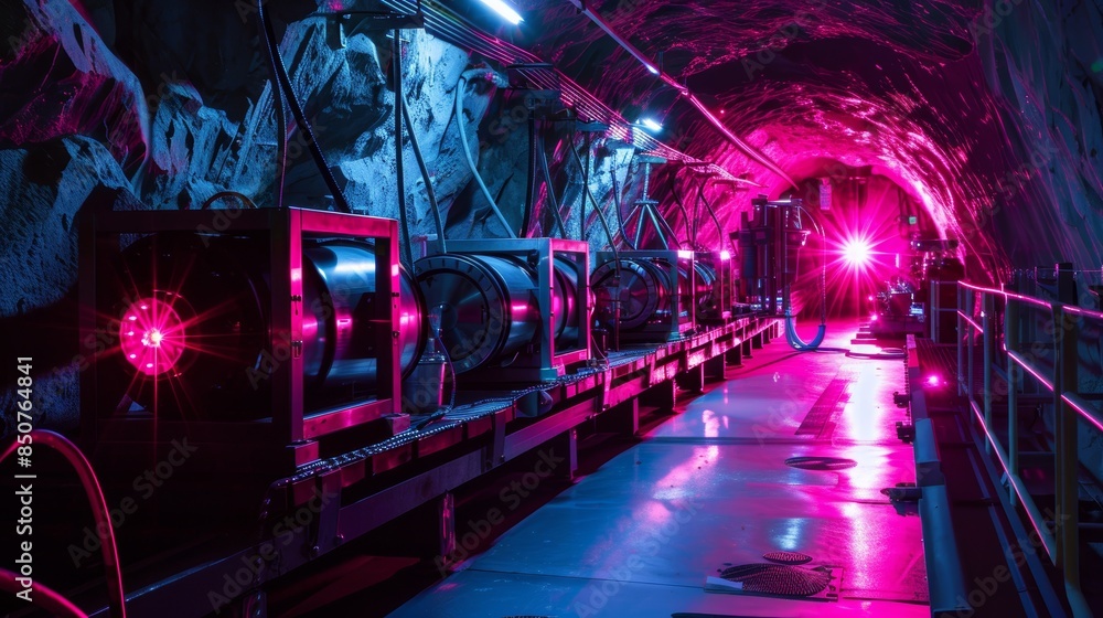 Obraz premium A row of industrial machinery is set up inside of a tunnel with pink and blue lighting. The machinery has several large metal cylinders and is connected by a chain.