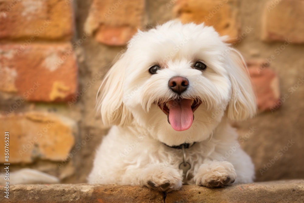 Portrait of a smiling maltese while standing against vintage brick wall Portrait of a smiling maltese while standing against vintage brick wall
