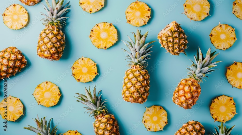 Vibrant pineapple pattern on a cyan background, isolated Vibrant pineapple pattern on a cyan background, isolated