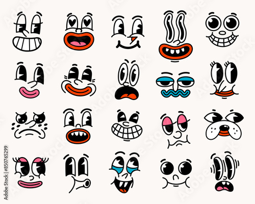 Retro cartoon characters funny faces.