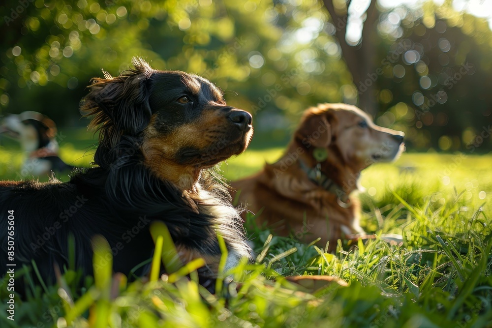Two contemplative dogs lie on the grass, basking in the warm glow of a setting sun Two contemplative dogs lie on the grass, basking in the warm glow of a setting sun