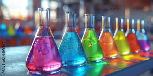 A set of beakers filled with colorful liquid, each containing different colors and shapes, sitting on top of an animated laboratory table in the background.