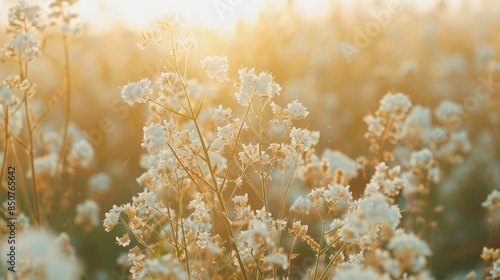 Selective focused white Buckwheat flower heads on sunny agricultural field