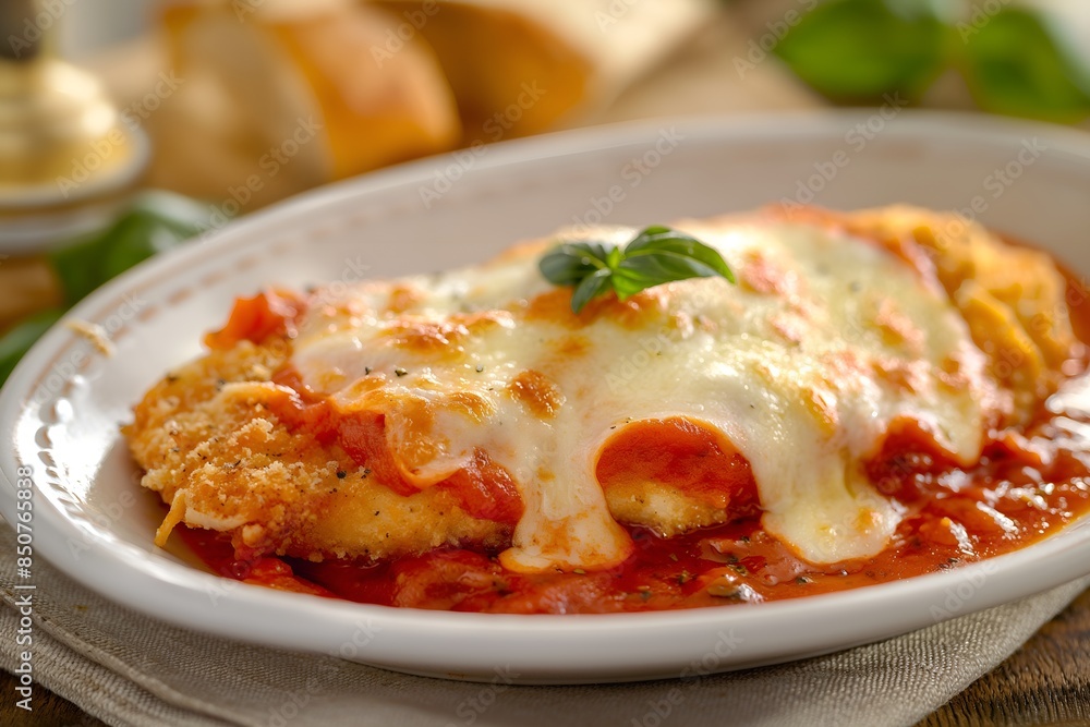 Close-Up Delicious Serving Of Chicken Parmigiana With Marinara Sauce And Melted Mozzarella In Food Restaurant Interior, Food Photography, Food Menu Style Photo Image Close-Up Delicious Serving Of Chicken Parmigiana With Marinara Sauce And Melted Mozzarella In Food Restaurant Interior, Food Photography, Food Menu Style Photo Image