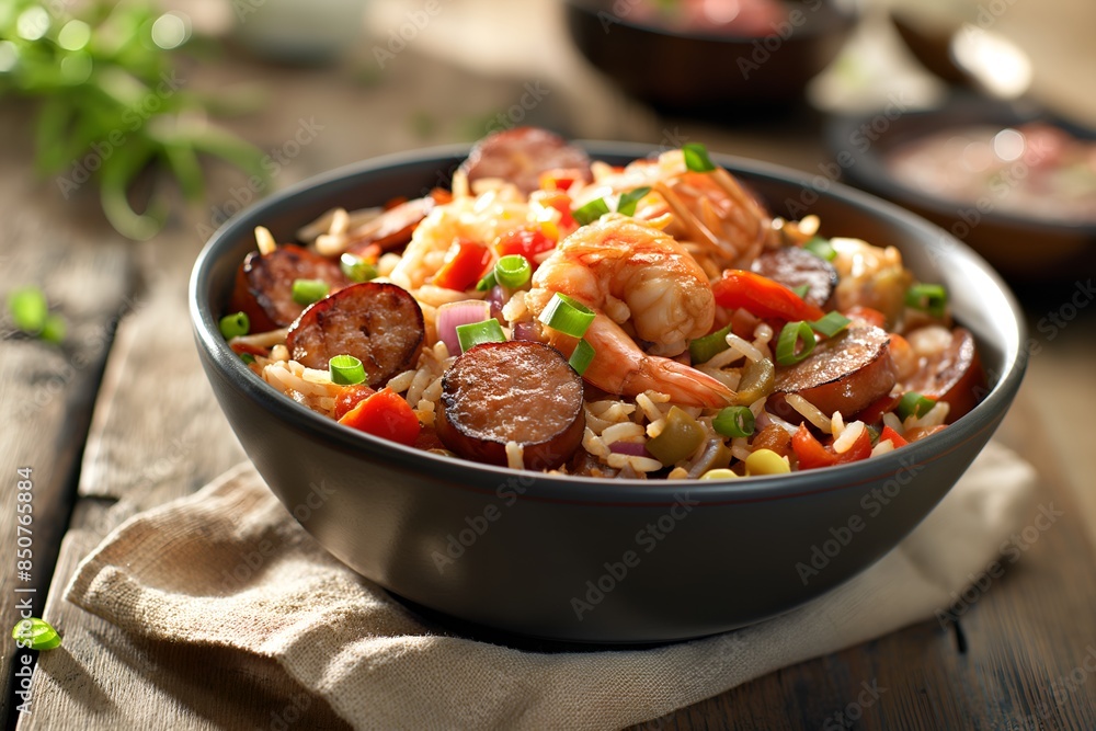 Close-Up Delicious Spicy Jambalaya With Shrimp, Sausage, And Rice In Food Restaurant Interior, Food Photography, Food Menu Style Photo Image Close-Up Delicious Spicy Jambalaya With Shrimp, Sausage, And Rice In Food Restaurant Interior, Food Photography, Food Menu Style Photo Image