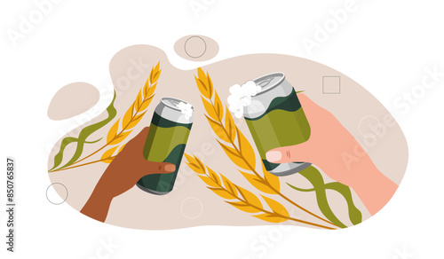 Hand with beer concept. People with can and glass of alcoholic drink. Friends celebrate in pub or bar. Alcohol products, brewery. Cartoon flat vector illustration isolated on white background