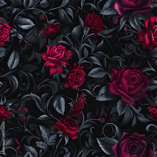 Gothic dark, elegant pattern of intertwined roses, Halloween seamless pattern