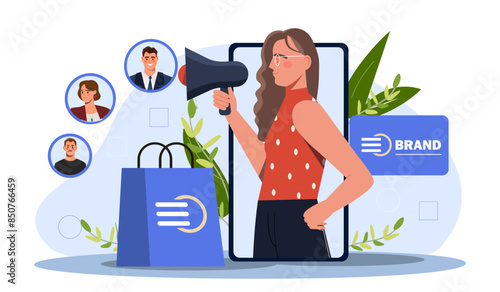 Brand advocacy concept. Woman with loudspeaker on marketing screen. Promotion of products on Internet and social networks. PR manager with online advertising. Cartoon flat vector illustration