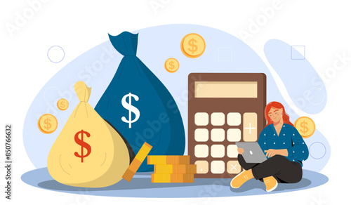 Business diversification. Young girl sits near bag of gold coins and calculator. Financial literacy and passive income. Trader and investor evaluates shares. Cartoon flat vector illustration