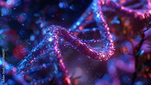 Abstract Close-Up of a DNA Double Helix with Glowing Blue and Pink Highlights, Blurred Background and Shiny, Droplet-Like Texture © Ponchita