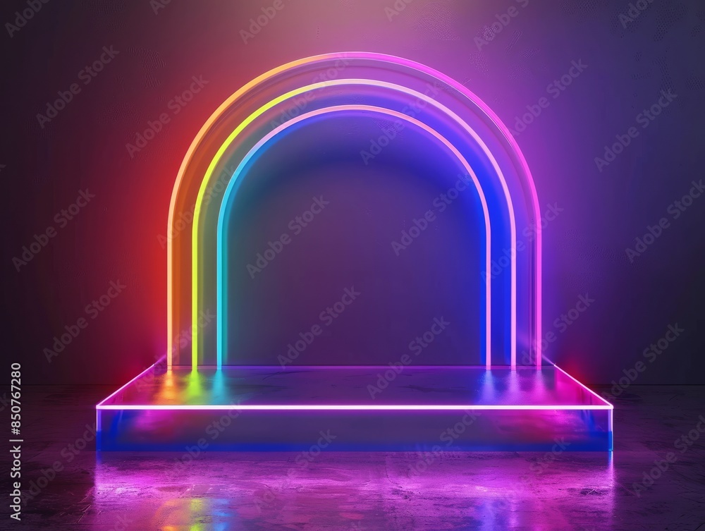 3d Glowing rainbow neon light product display podium on dark background, tech style rainbow colorful pedestal showcase, for technology product, fantasy platform stage, nightclub sign frame, futuristic 3d Glowing rainbow neon light product display podium on dark background, tech style rainbow colorful pedestal showcase, for technology product, fantasy platform stage, nightclub sign frame, futuristic