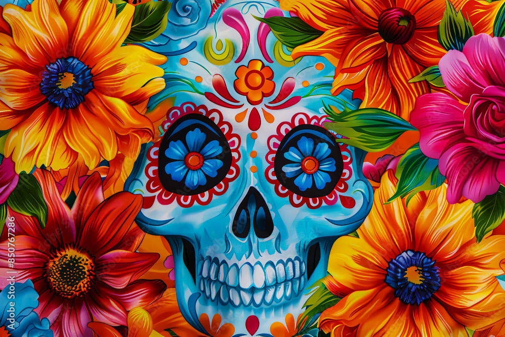 Bright illustration for Day of the Dead skulls and marigolds, postcard concept Bright illustration for Day of the Dead skulls and marigolds, postcard concept