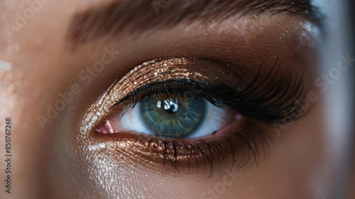 Closeup of a person s eye with dramatic makeup, emphasizing the eyelashes and color Bright, even lighting for detail