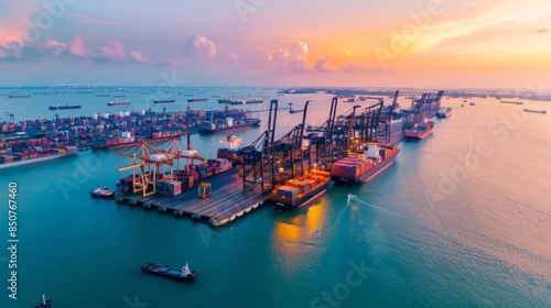 An expansive port with multiple docks teeming with activity, as cargo ships load and unload amidst a vast expanse of clear skies and distant horizons photo
