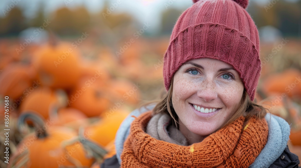 Smiling Woman in a Pumpkin Patch Wearing a Beanie and Scarf Smiling Woman in a Pumpkin Patch Wearing a Beanie and Scarf
