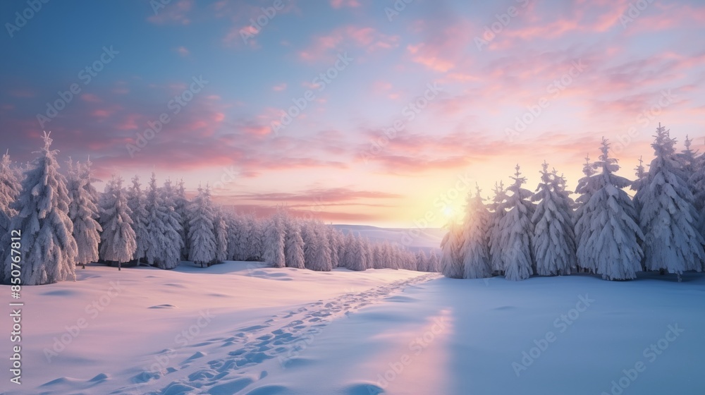 Winter landscape wallpaper with pine forest covered with snow and scenic sky at sunset. Snowy fir tree in beauty nature scenery. Christmas and new year greeting card background. Winter landscape wallpaper with pine forest covered with snow and scenic sky at sunset. Snowy fir tree in beauty nature scenery. Christmas and new year greeting card background.
