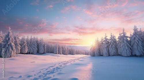 Winter landscape wallpaper with pine forest covered with snow and scenic sky at sunset. Snowy fir tree in beauty nature scenery. Christmas and new year greeting card background. © Muzamil