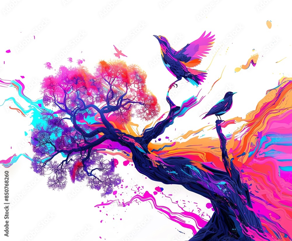 Obraz premium The image shows a watercolor painting of a tree with two birds