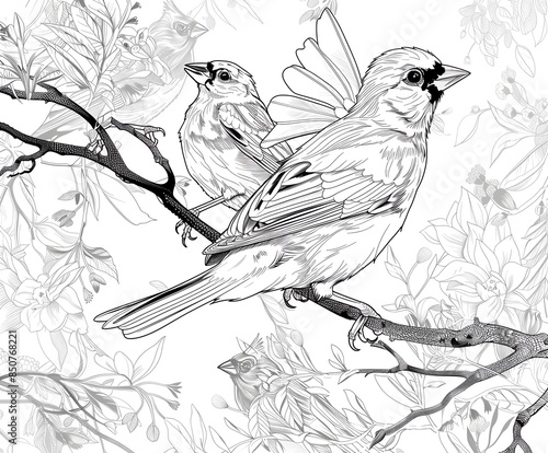 The image is a pencil drawing of two birds sitting on a branch © AI_Imaginator