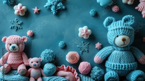 Knitted Teddy Bears on a Blue Background with Winter Decorations