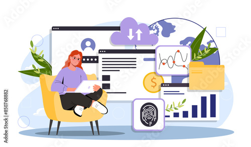 Woman with data driven. Young girl with laptop near graphs, folders, fingerprint. Electronic storage and archive, cloud service. Cartoon flat vector illustration isolated on white background