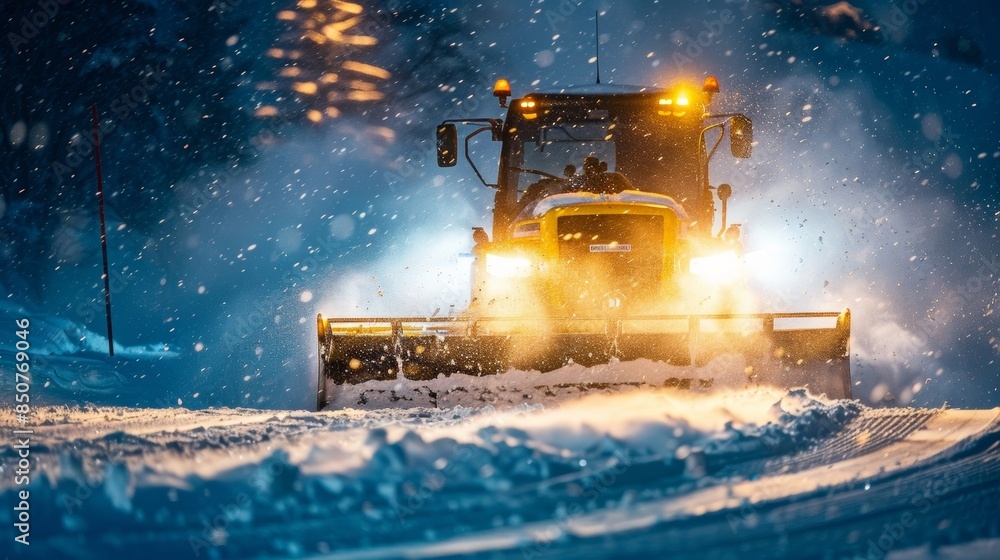 A snowcat grooming the ski runs at night with solarpowered headlights illuminating the way. The resorts commitment to solar energy can be seen even in the late hours. A snowcat grooming the ski runs at night with solarpowered headlights illuminating the way. The resorts commitment to solar energy can be seen even in the late hours.