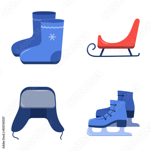 Russian traditional winter symbols flat icon set