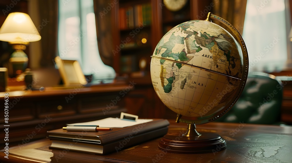 Detailed World Globe on Mahogany Desk in Cozy Study Room with Side-Angle Lighting Detailed World Globe on Mahogany Desk in Cozy Study Room with Side-Angle Lighting