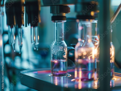 Close-up of a glass flask filled with a pink liquid, illuminated by a bright light source, in a laboratory setting.