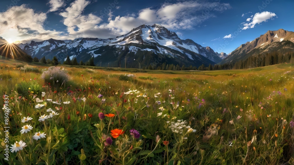Fototapeta premium Wildflower Meadow with Snow-Capped Mountains at Sunrise Under Clear Sky