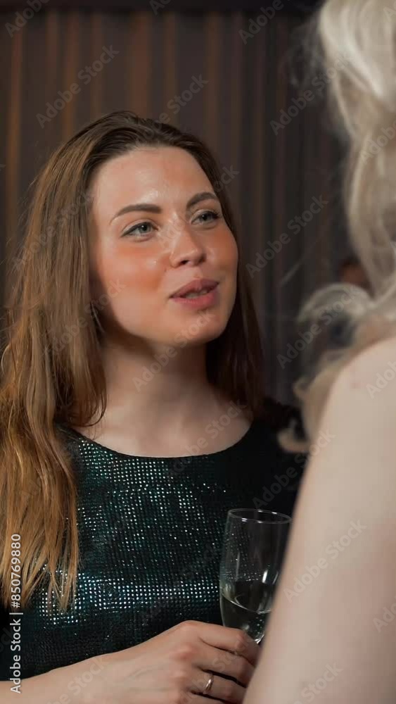 Two sexy attractive handsome young ladies gossiping with glasses of champagne. They happy of conversation at the party. 4k UltraHD. Slow motion. Vertical shot. Two sexy attractive handsome young ladies gossiping with glasses of champagne. They happy of conversation at the party. 4k UltraHD. Slow motion. Vertical shot.
