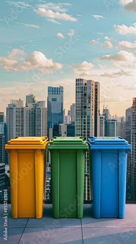 Gros plan sur des poubelles de tri selectif de déchets en ville au format portrait. photo