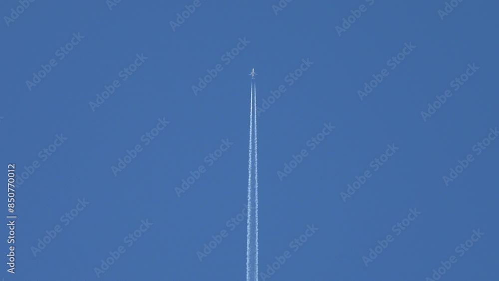 A commercial airliner jet with a thick, white vapor contrail flies distantly overhead in a clear, blue, daytime sky. A commercial airliner jet with a thick, white vapor contrail flies distantly overhead in a clear, blue, daytime sky.