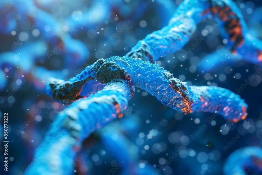 Close-up view of a microscopic blue strand, with a blurred background, in shades of blue with bright orange and white highlights.