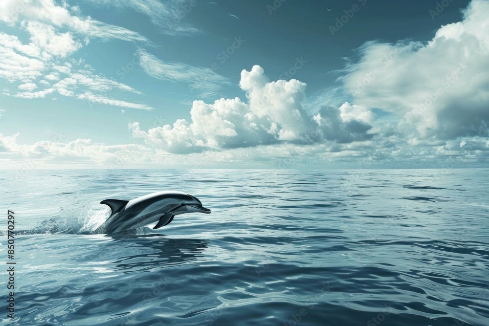 Fototapeta premium Serene scene of a dolphin jumping with a vast ocean and cloudfilled sky backdrop