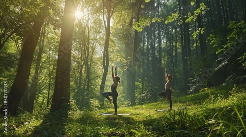 Fototapeta Naklejka Na Ścianę i Meble -  Two women practice yoga poses in a serene forest setting, bathed in the soft light of sunrise.
