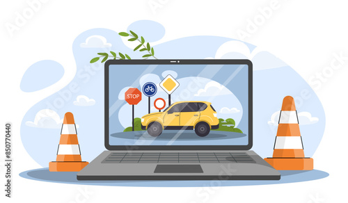 Driving school online. Laptop with car near traffic signs. Lessons for drivers. Distant education, learning and training. Driving course. Cartoon flat vector illustration isolated on white background