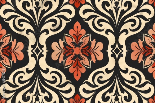 Damask Pattern with Floral Motifs in Black, White, and Orange