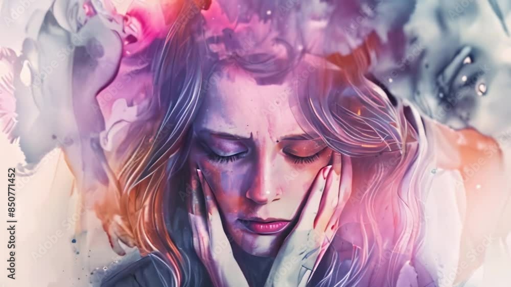 portrait of young woman with headache, in style of an aquarelle portrait of young woman with headache, in style of an aquarelle