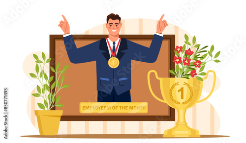 Employee of month. Man on computer screen with gold medal and cup. Award and reward for worker. Motivation and leadership, success. Cartoon flat vector illustration isolated on white background