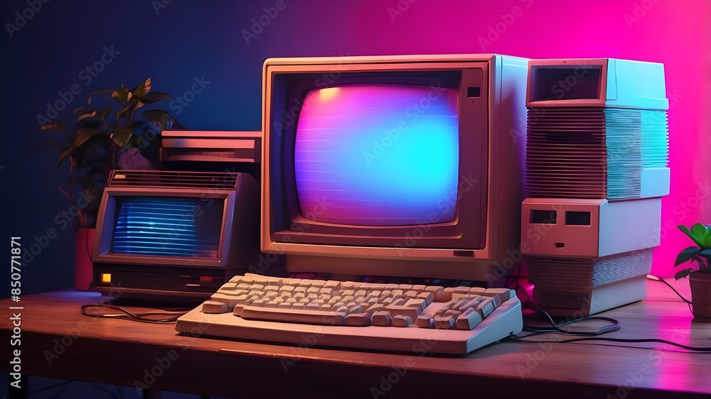 Retro computer with neon color lights and a CRT monitor from the 1980s or 90s Retro computer with neon color lights and a CRT monitor from the 1980s or 90s