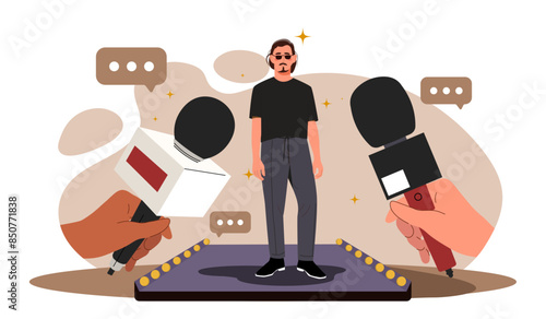 Famous star with journalists. Man stands in front of people with microphones. Celebrity, popular actor, musician or athlete at interview. Cartoon flat vector illustration isolated on white background