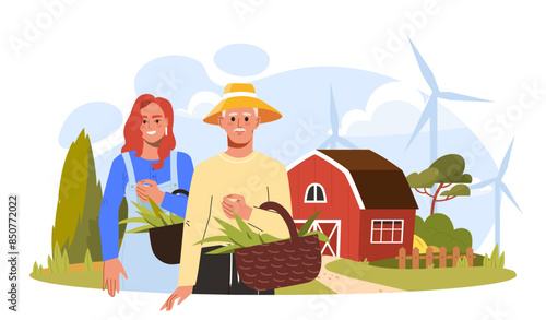 Elderly farmer concept. Elderly man and girl standing with woolen baskets in hands. Farming and agriculture. People with harvest. Cartoon flat vector illustration isolated on white background