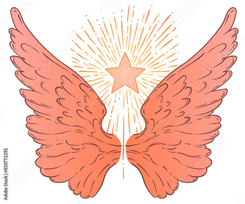 Angel girl with wings, cross, roses and halo. Isolated hand drawn vector illustration. Trendy Vintage style element. Spirituality, occultism, alchemy, magic.