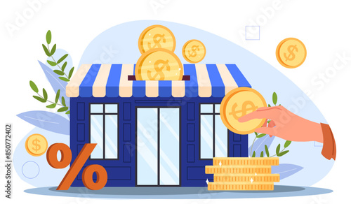 Finance investment concept. Hand with gold coin near building. Owner of small business in city. Investing and trading. Financial literacy and passive income. Cartoon flat vector illustration
