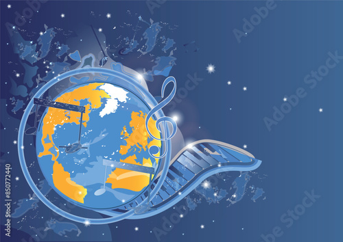 Abstract musical design with a treble clef and Planet Earth, colorful splashes, notes and waves.  Planet musicf. Hand drawn vector illustration.